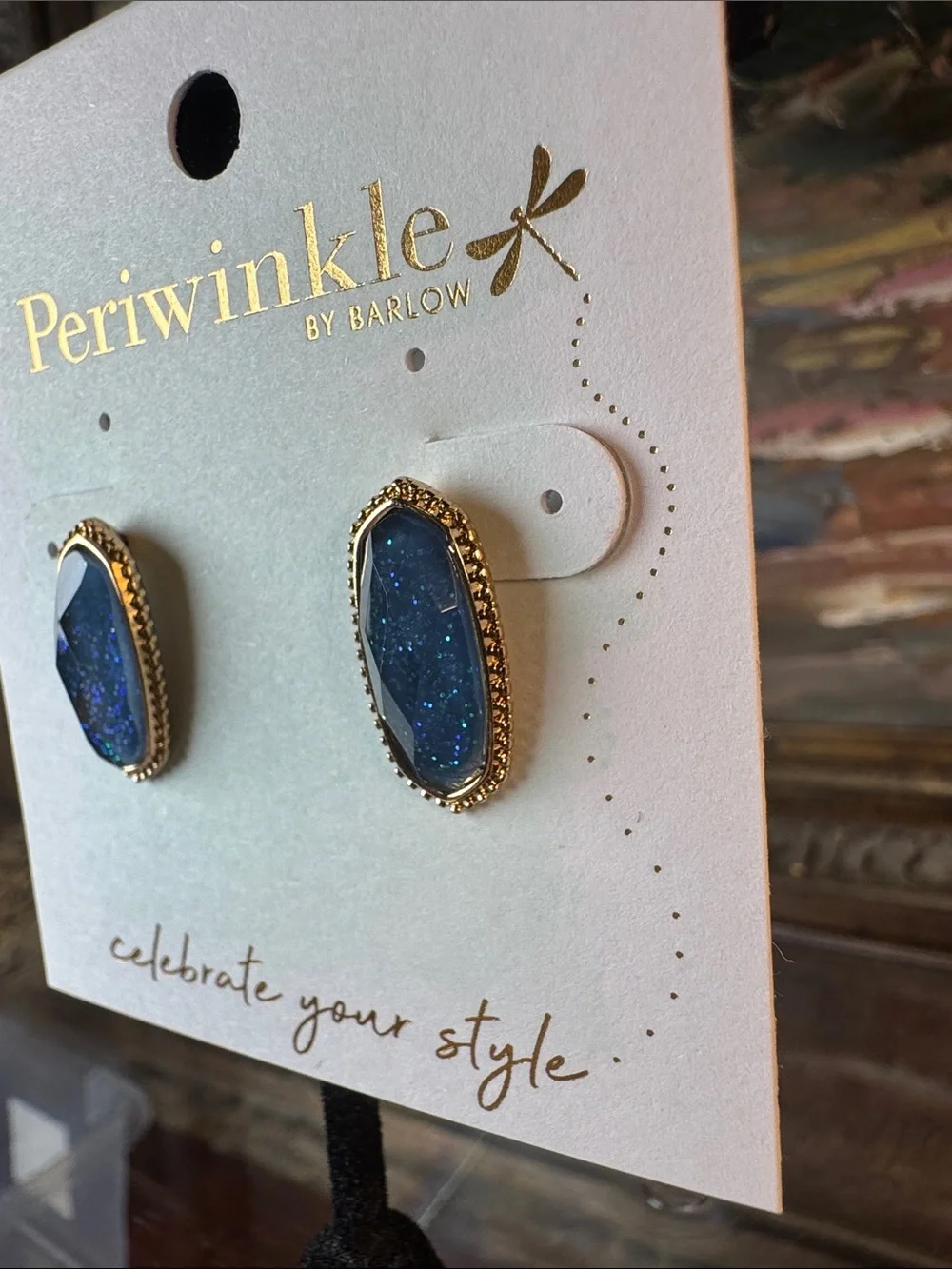 0443-Periwinkle by Barlow Gold-Trimmed Dark Blue‎ Faceted Stud Earrings